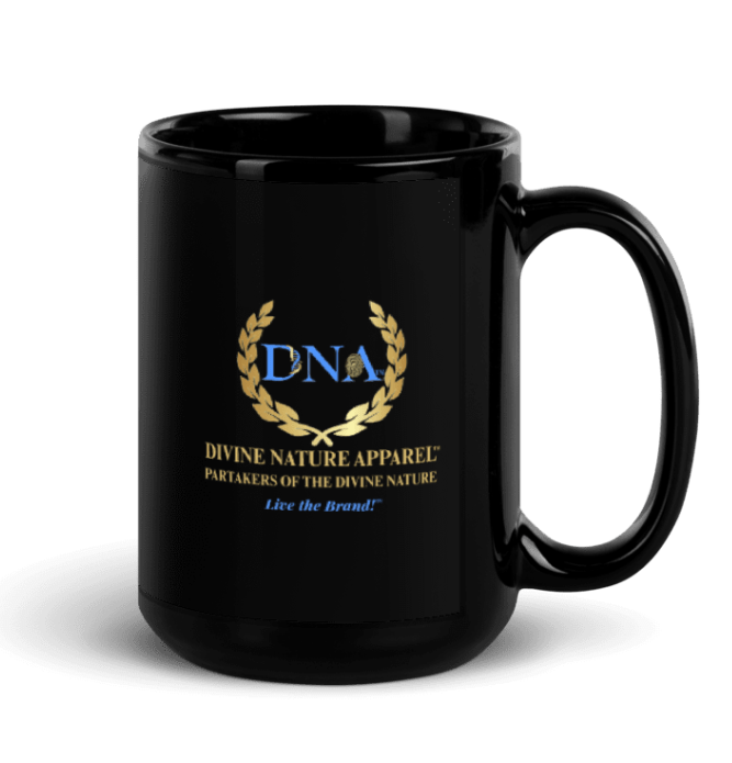 15oz Black Glossy Mug 2 - sided Gold DNA Full Color Logo “Live the Brand!" - divinenatureapparel