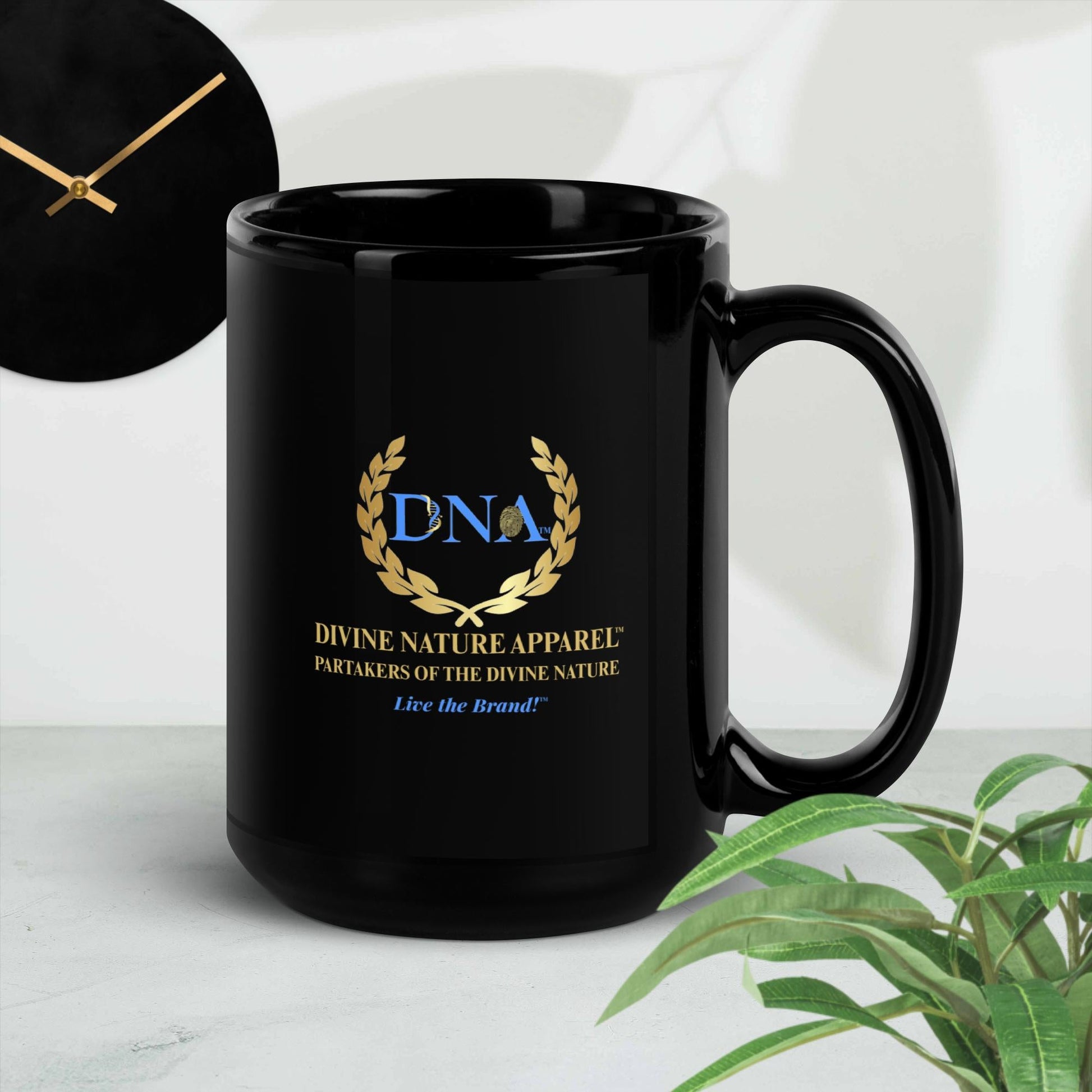 15oz Black Glossy Mug 2 - sided Gold DNA Full Color Logo “Live the Brand!" - divinenatureapparel