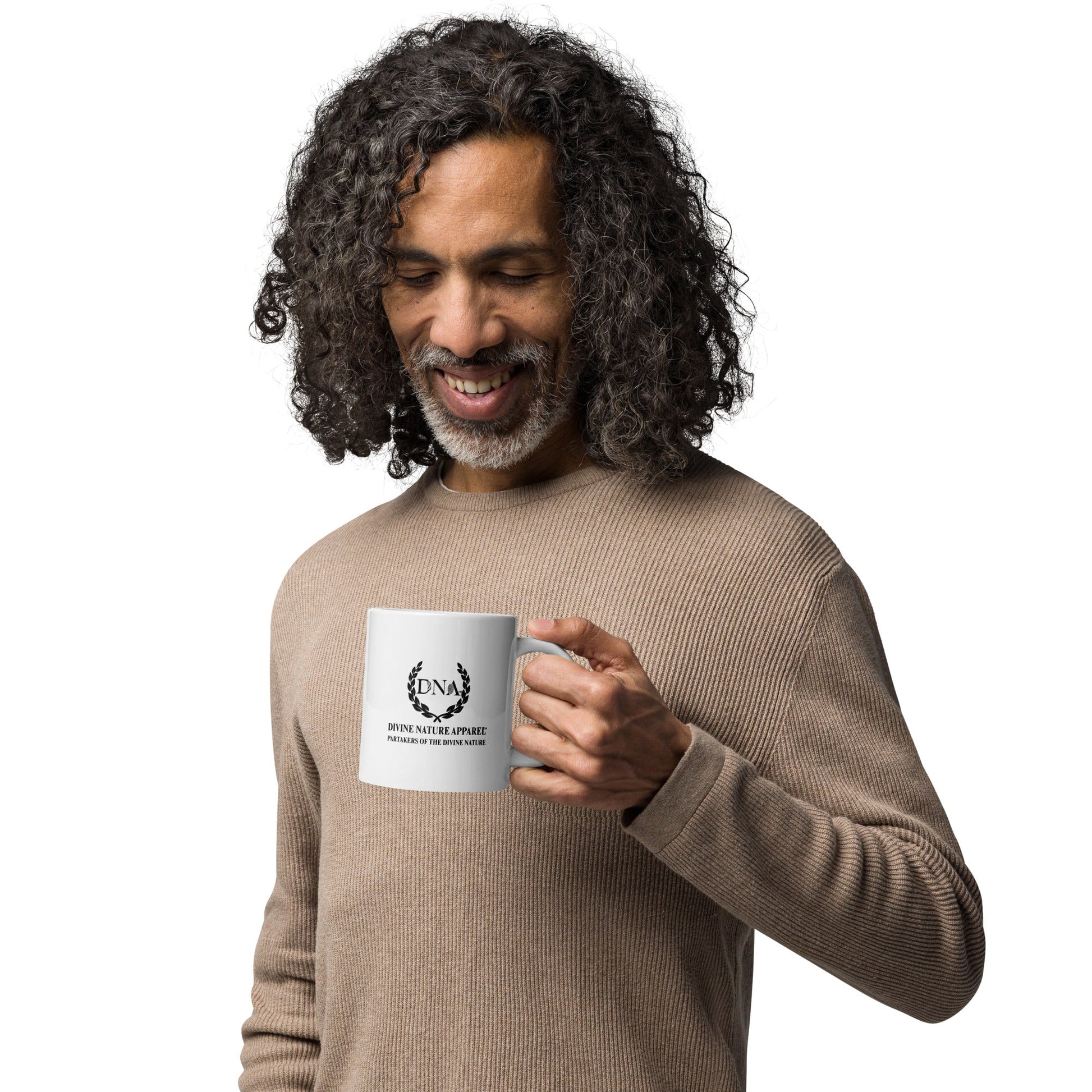 20oz White glossy mug 2 - sided DNA Full Black Logo - divinenatureapparel