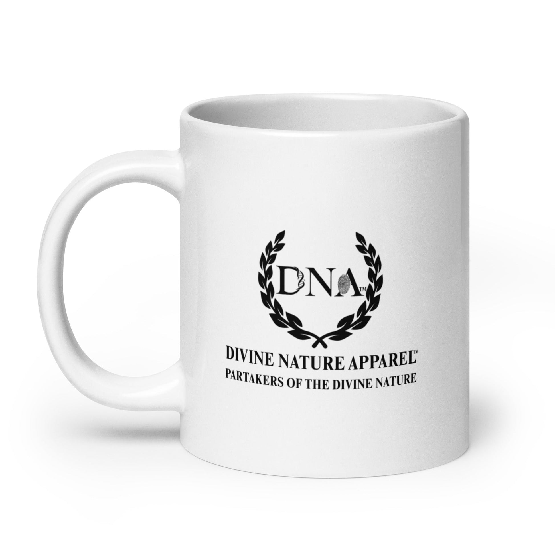 20oz White glossy mug 2 - sided DNA Full Black Logo - divinenatureapparel