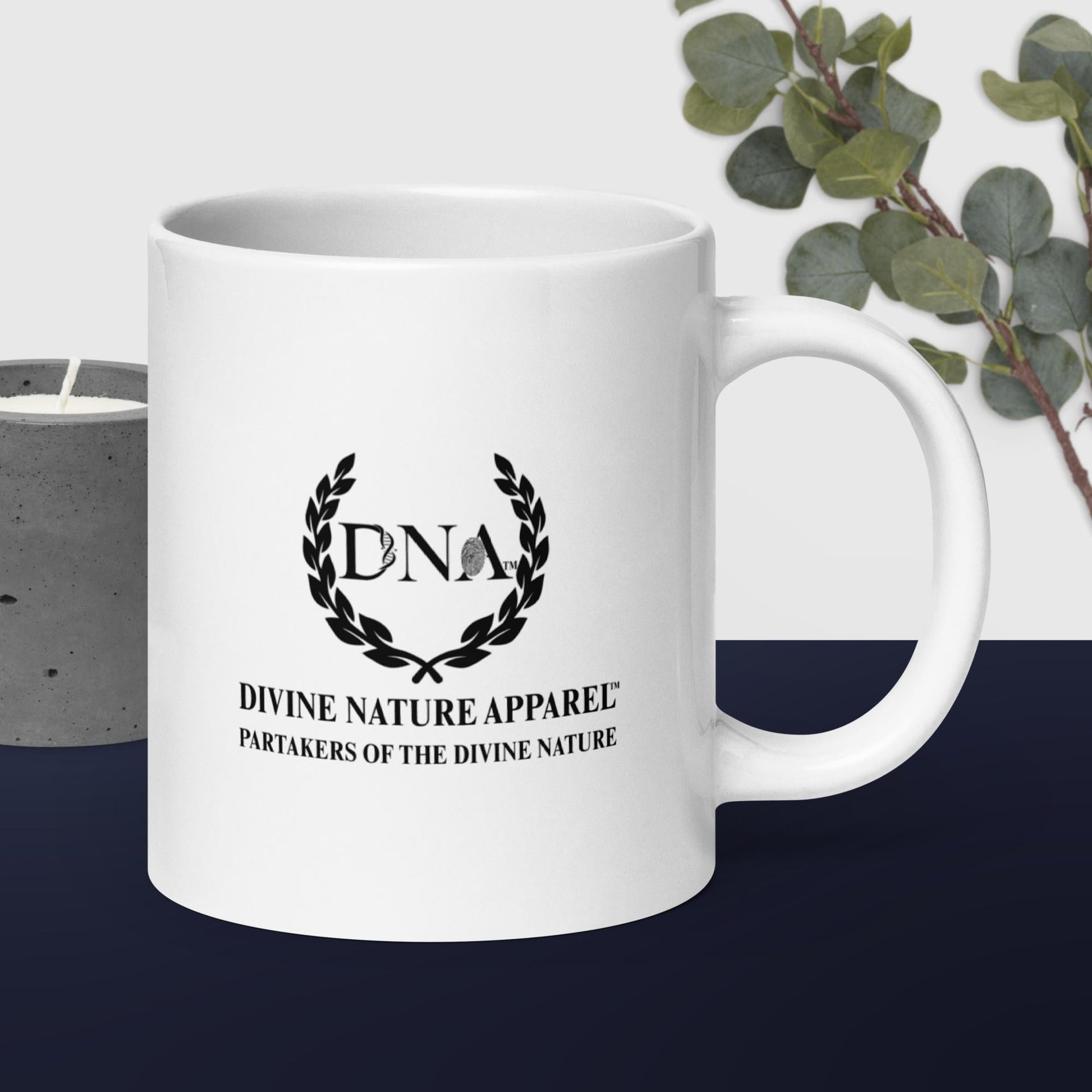 20oz White glossy mug 2 - sided DNA Full Black Logo - divinenatureapparel