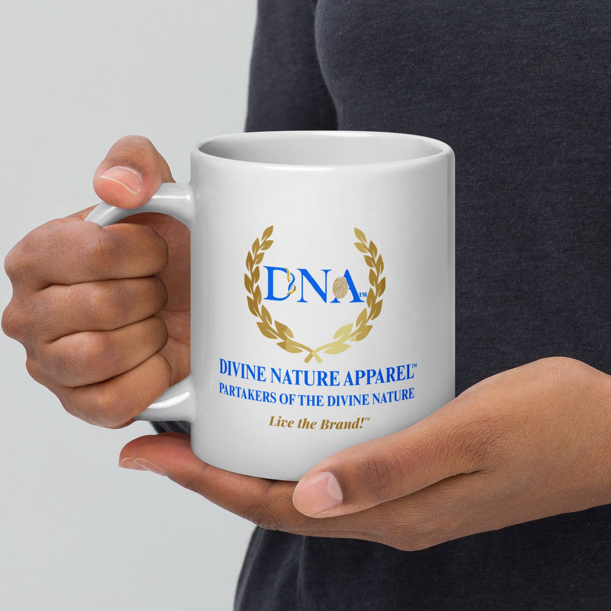 20oz White Glossy Mug - 2 - Sided Full Color DNA Logo "Live the Brand" - divinenatureapparel