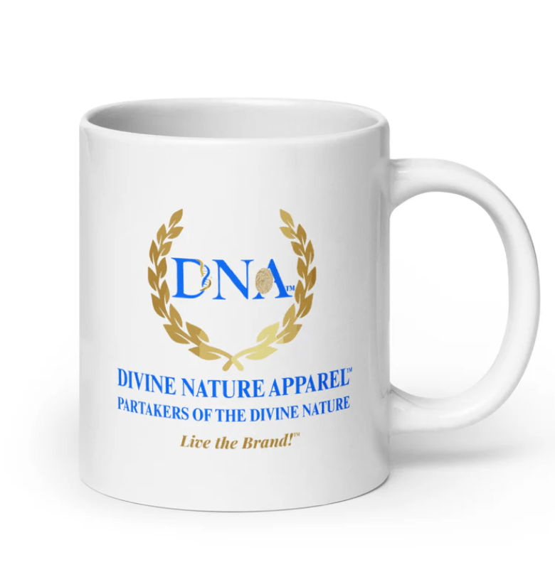 20oz White Glossy Mug - 2 - Sided Full Color DNA Logo "Live the Brand" - divinenatureapparel