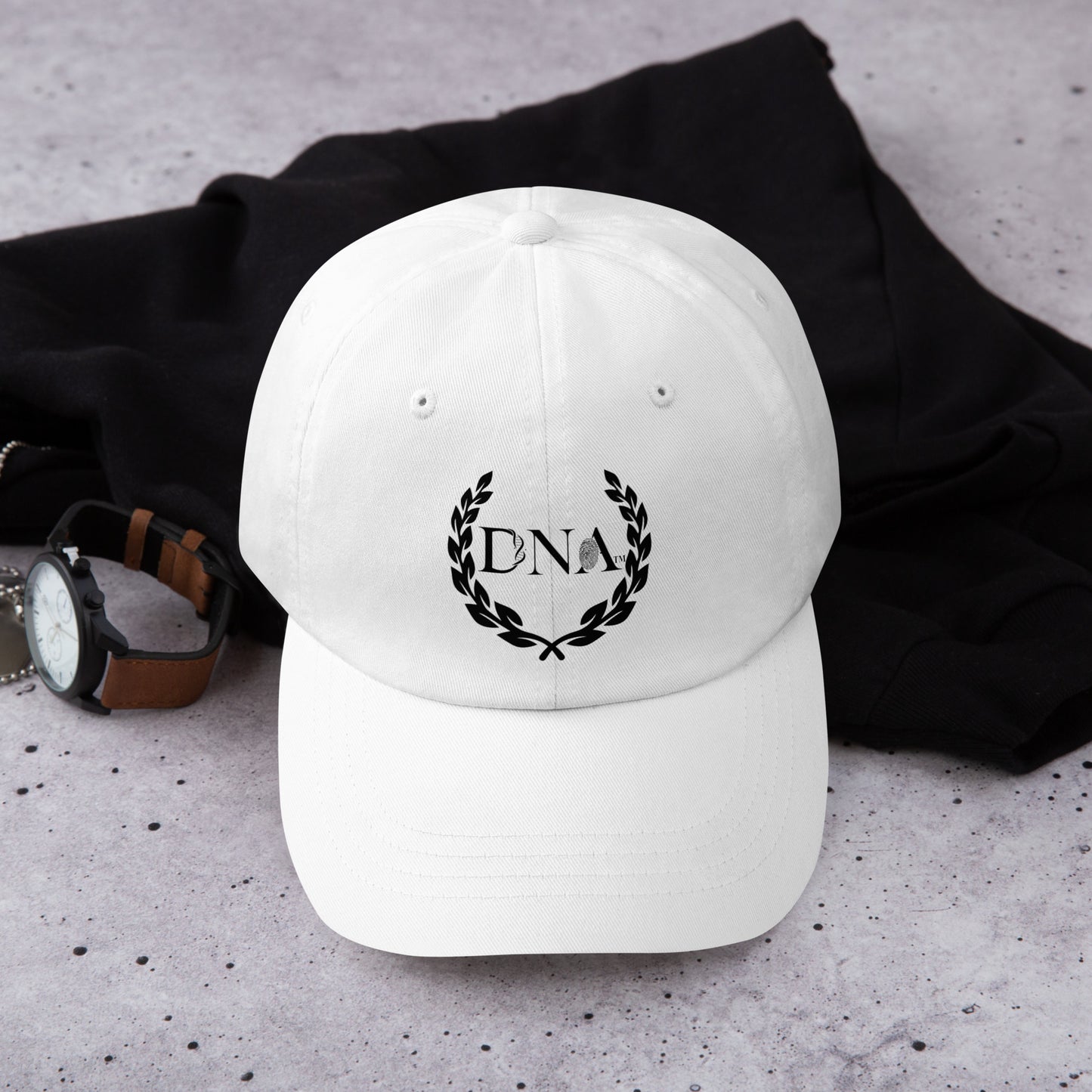 White DNA Dad Hat with Minimalist DNA Logo - Unisex