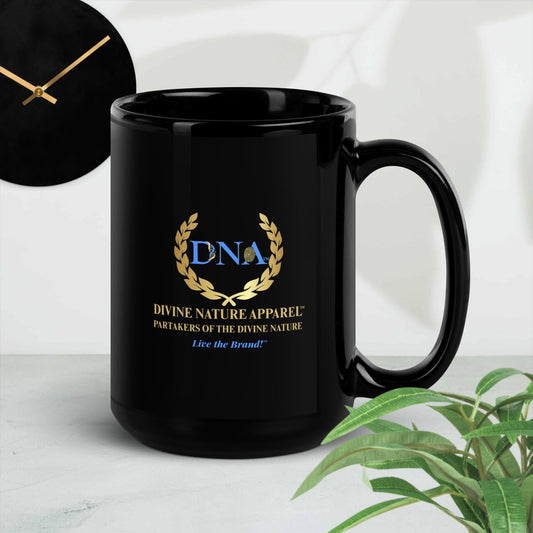 15oz Black Glossy Mug 2 - sided Gold DNA Full Color Logo “Live the Brand!" - divinenatureapparel
