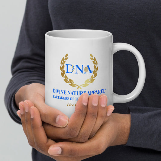 20oz White Glossy Mug - 2 - Sided Full Color DNA Logo "Live the Brand" - divinenatureapparel