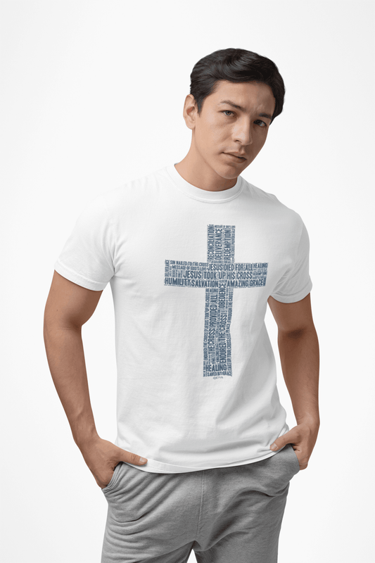 Cross in Indigo Blue on Premium White T-Shirt - Unisex - divinenatureapparel