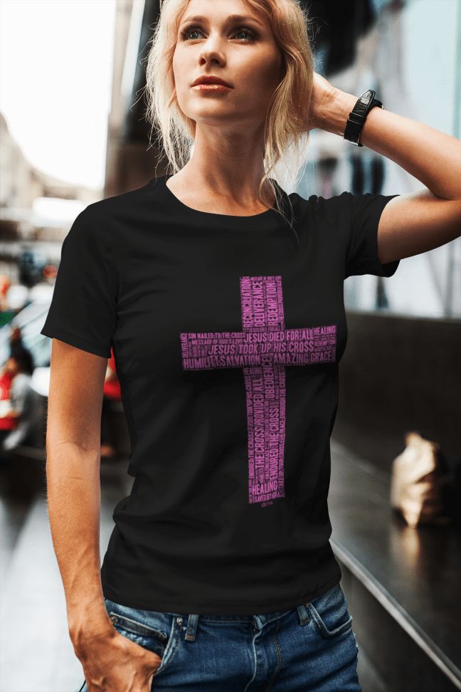 Cross in Pink on Premium Black T-Shirt - Unisex - divinenatureapparel