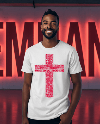 Cross in Ruby Red on Premium White T-Shirt - Unisex - divinenatureapparel