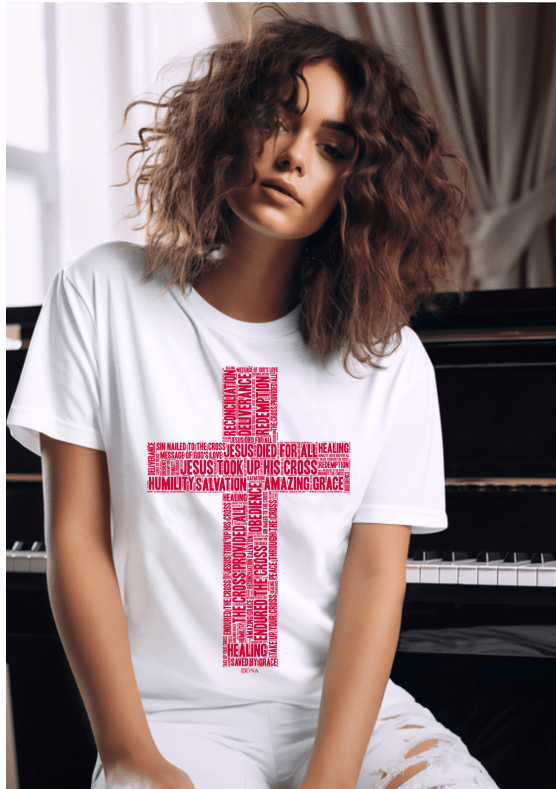 Cross in Ruby Red on Premium White T-Shirt - Unisex - divinenatureapparel