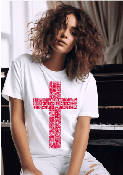 Cross in Ruby Red on Premium White T-Shirt - Unisex - divinenatureapparel