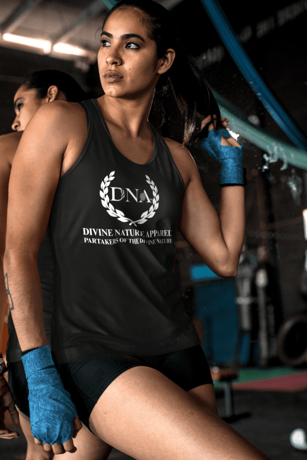 Women’s Ideal Racerback Tank Top with White DNA Logo - divinenatureapparel